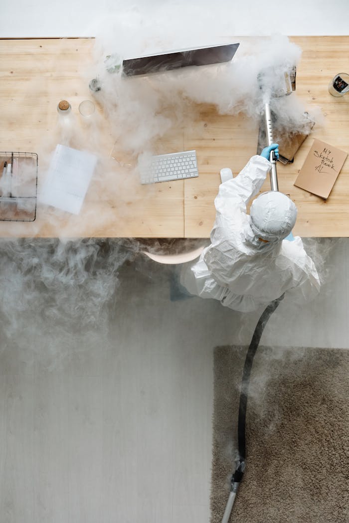 services-02 A person in protective gear sanitizing an office desk using fumigation equipment during daytime.